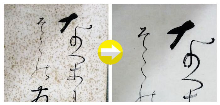 掛軸全体のカビとシミを除去した修復前後