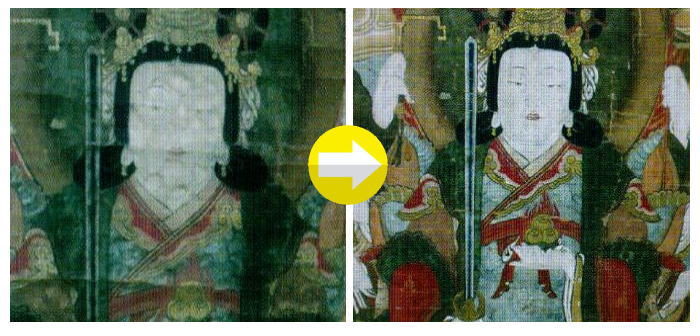 絵具のひび割れと欠損を補筆した修復前後
