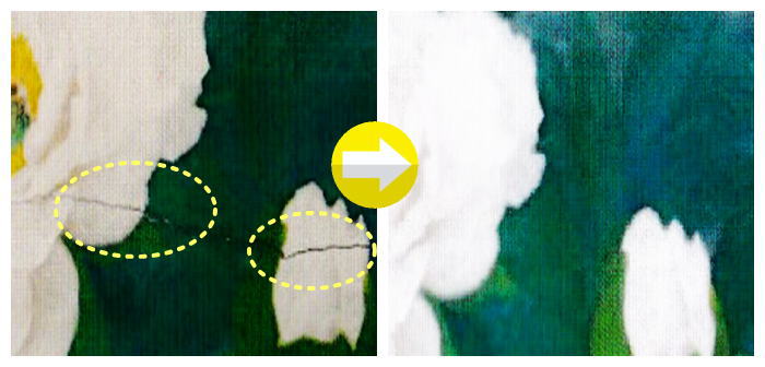 油絵の破れと欠損部分の修復前後